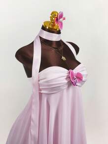 Amplova 缎面缎面拼布仿花装饰露肩围巾领连衣裙 - 粉色 - 查看 7