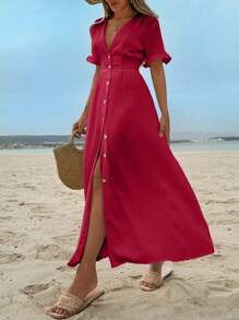 EURMUSE Solid Color Ruffle Trim Dress For Women, Button Front - Hot Pink - View 3
