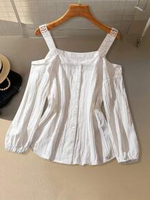 INAWLY Camisa elegante de manga larga con botones frontales, parches de encaje y unicolor para mujer