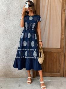 EMERY ROSE Women's Floral Print V-Neck Cap Sleeve Ruffle Hem Casual Vacation Dress,Sun Dresses For Women - Multicolor - View 1