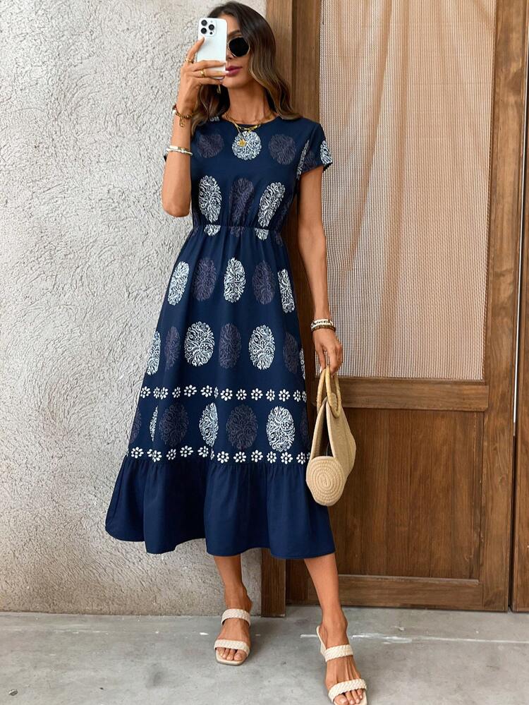 Women's Floral Print V-Neck Cap Sleeve Ruffle Hem Casual Vacation Dress,Sun Dresses For Women