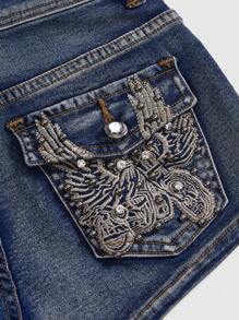 复古 Y2K 朋克风格低腰超短刺绣手枪女式牛仔短裤 - 藍色 - 查看 2