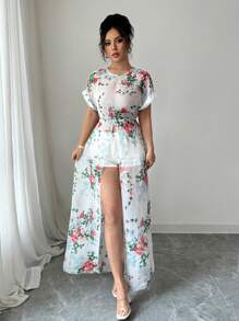 Elenzga 女士节日花卉印花圆领短袖开衩长衬衫