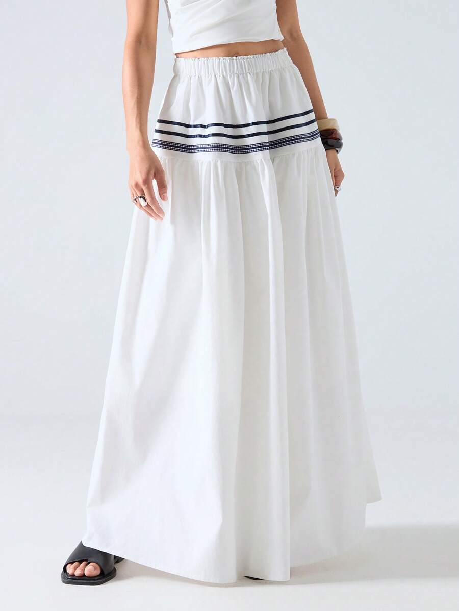 LYSMO Women's Striped Elastic Waist Pleated Skirt, Casual - White - View 1