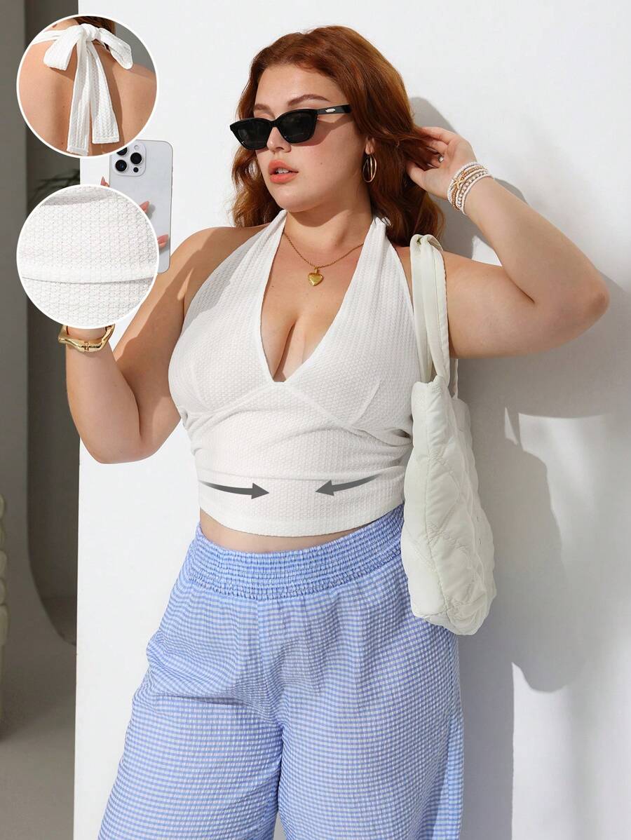 SHEIN EZwear 加大码纯色露背无袖吊带背心和条纹印花松紧腰裤两件套 - 白色 - 查看 1