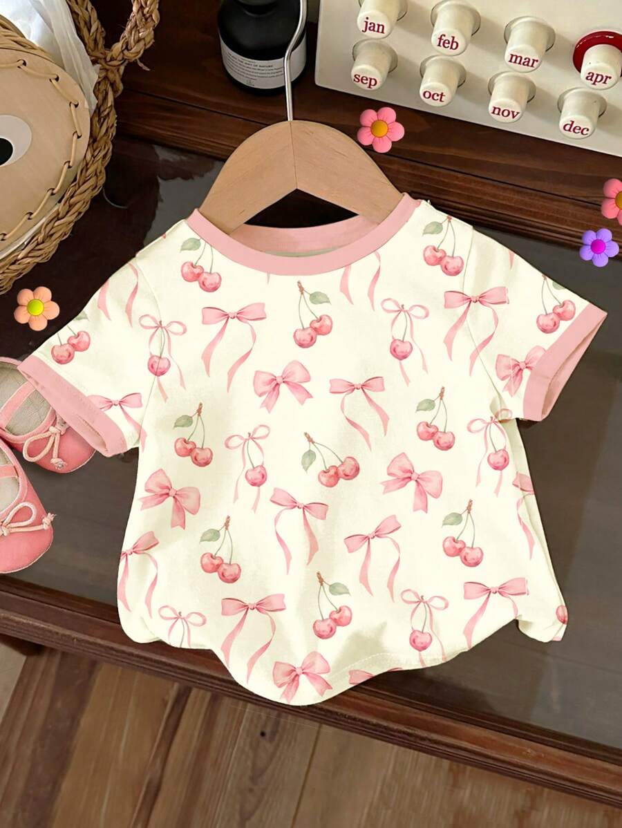 Baby Girl Casual Bow & Cherry Print Short Sleeve Crew Neck Tee, Suitable For Summer - Multicolor - View 1