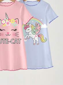 Young Girls Casual Cartoon Graphic Pajama Set, Multi-Piece, Suitable For Summer - Multicolor - View 4