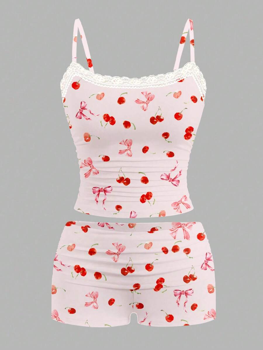 Red Glitter Y2k Women's Summer Sexy Lace Cherry & Bow Print Knit Camisole And Shorts 2 Pieces Set - Pink - View 1