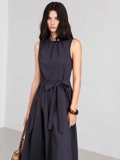 LYSMO Deep Grey Drawstring Waist Dress For Women