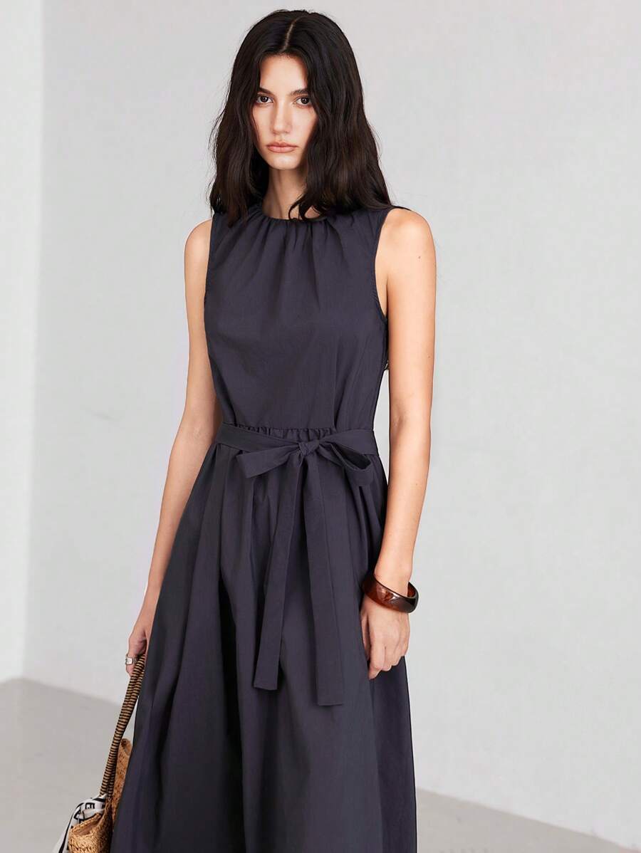 LYSMO Tiefgraues Damen Kleid mit Kordelzug Taille - Grau - Übersicht 1