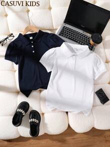 SHEIN T-shirt blu con colletto Judy per ragazza tween, 2 pezzi a tinta unita a maniche corte, moda stile 3D semplice, adatti per uscite primaverili/estive, vacanze, viaggi, uso domestico e sport casual