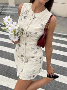 Serisse 女士花卉刺绣单排扣圆领无袖休闲迷你连衣裙 - 杏色 - 查看 1