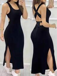 INAWLY Slim Fit Sexy Low Neck Backless Criss-Cross Strap Slit Dress