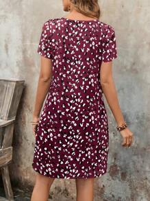 EMERY ROSE Women All-Over Print Round Neck Short Sleeve Pocket Casual Mini Dress Summer Dresses For Women - Red - View 2