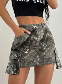 SHEIN Tall Women's High Street Tree Branch Print Cargo Mini Denim Skirt - Army Green - View 1