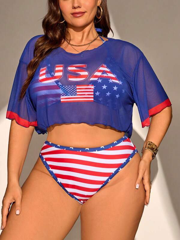 SHEIN Swim Curve Plus Size Women 3 Pieces Set: Flag Element Printed Crew Neck Short Sleeve Top, Drawstring Triangle Cup High Cut Swimsuit Bottom, Elegant Casual Beach Vacation Halter Bikini For Summer