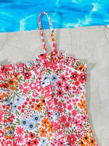 Cute One-Piece Ditsy Floral Ruffle Edge Tween Girl' Swimsuit, Beach Holiday Vacation Outfit - Multicolor - View 5
