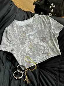 Coolane Women's Summer Country Concert Streetwear Vintage Y2K Camo Graphics Ripped Bustier Mini Tees - Khaki - View 7