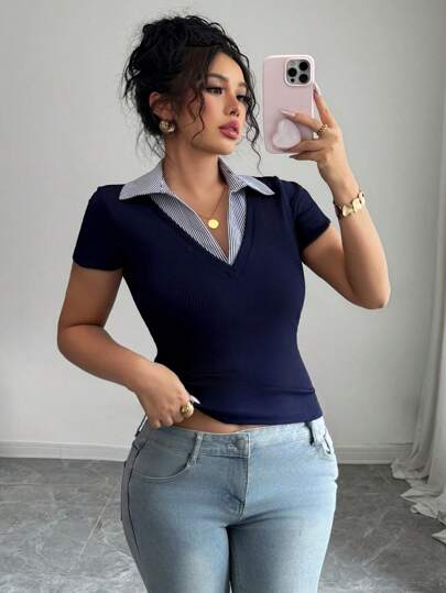 Elenzga Women's Plus Size Elegant Contrast Color Collar Patchwork Tight Stretchy Casual Versatile Fashion Design Short Sleeve Shirt/Blouse, Spring/Summer 2025