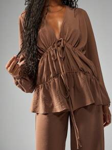 MISSGUIDED Elegant Linen Feel Tiered Ruffle Blouse Wide Leg Pants Set Boho Drawstring Waist Long Sleeve Autumn Winter Resort Wear Loungewear Coordinates - Brown - View 6