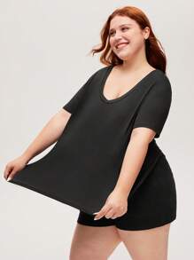 LUVLETTE Relaxed sitzende, super weiche schwarze elastische gerippte Basis Lässig-Sporty Crew Neck Kurzarm-Oberteil & Shorts Loungewear luftige Pyjama-Set Sport Lässig Komfort Outfits Active Hose mit Taschen Lingerie als Oberbekleidung