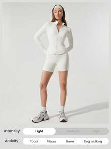 GLOWMODE FeatherFit™ Studio Ready 拉链口袋修身长袖拇指孔运动夹克低冲击瑜伽普拉提工作室健身房日常 - 白色 - 查看 6