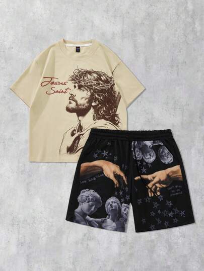 Goth Conjunto de 2 piezas de camiseta de manga corta con estampado religioso y pantalones cortos de estilo callejero Y2K para hombre, apto para uso diario en primavera/verano