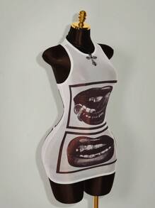 Amplova Gyaru Style  Rave Outfits Festival Rave Outfits Festival Lip Print Sheer Bodycon Mini Dress - White - View 4