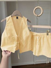 Comfortcana Traje casual de mujer de rayas amarillas tejido