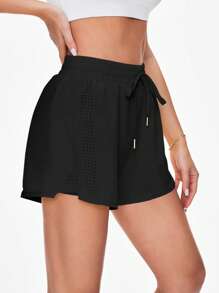Easithlete Quần short thể thao màu trơn có dây rút túi eo cho nữ - màu đen - Xem 3