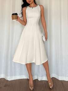 Chiquease 女式豹纹装饰圆领无袖夏季连衣裙 - 杏色 - 查看 6