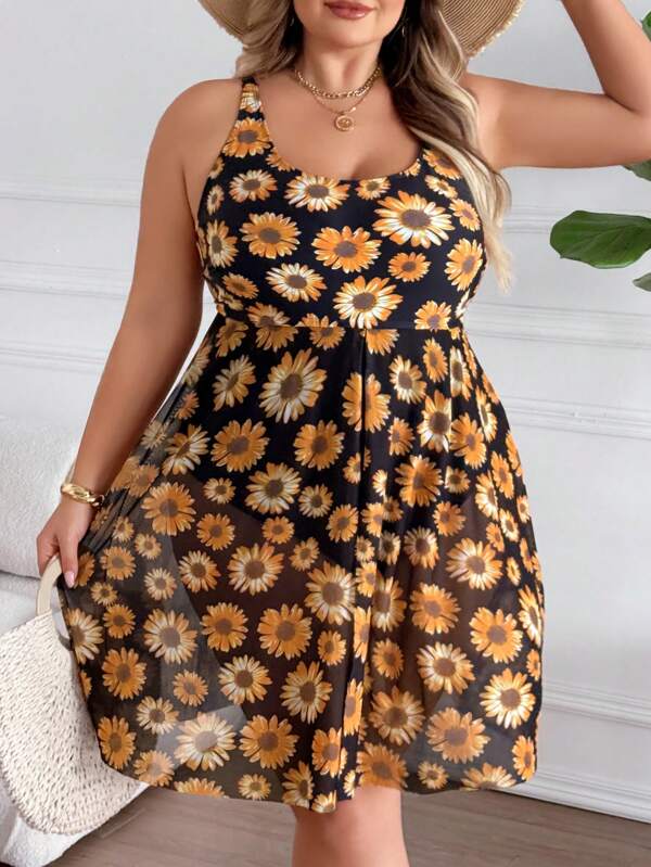 SHEIN CURVE+ Plus Size Women's Summer Sunflower Print Conservative Two-Piece Tankini With Mesh Panel, Beach Vacation Swimsuit