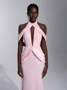 Elitara Elegant And Gorgeous Off Shoulder Pink Luxurious Satin Stand-Up Collar, Dropped Shoulder Sleeves, Sexy Backless Fishtail Skirt With Floating Pieces, Suitable For Dating, Bachelorette Parties, Formal Occasions, Cocktail Parties, Banquets, Evening Dresses - Pink - View 4