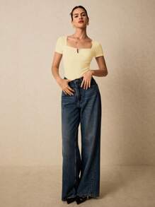 Poéselle Women's Summer Solid Color Slim Fit Short Sleeve T-Shirt With Notched Neckline Has A Breast Cup T-Shirt Wedding Modest Elegant Graduation Office Wear Street Wear Milkmaid Sexy Women Tops Summer T-Shirt Old Money - Yellow - View 6