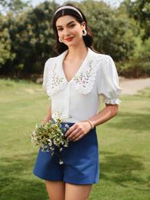 Vintamour Vintage Elegant Women Embroidery Collar Ruffle Blouse, White Short Sleeve Fitted Blouse For Spring/Summer Mother Day Mom Tops Vacation Festival Teacher