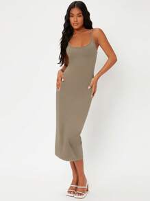 SHEIN BASICS Solid Form Fitted Slip Casual Dinner Dating Dress, Going Out - Brown - View 3