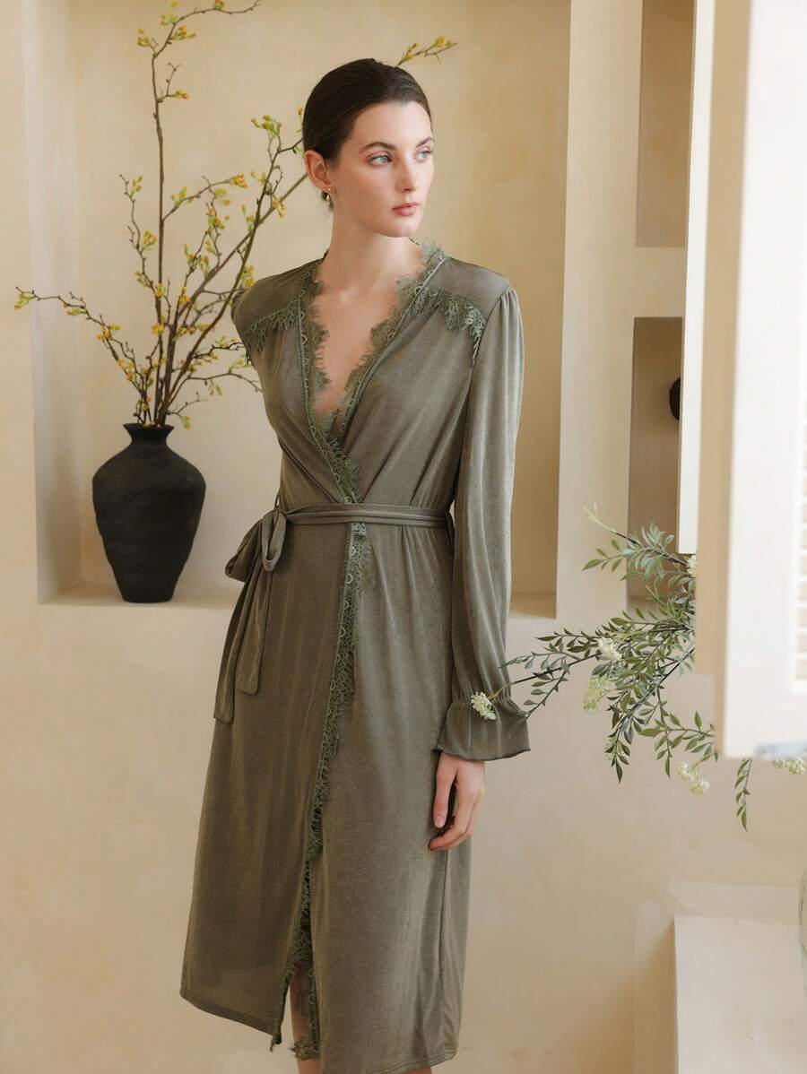 Moireta 女士闪亮罗纹针织和蕾丝拼接优雅长袍 - 軍綠色 - 查看 1