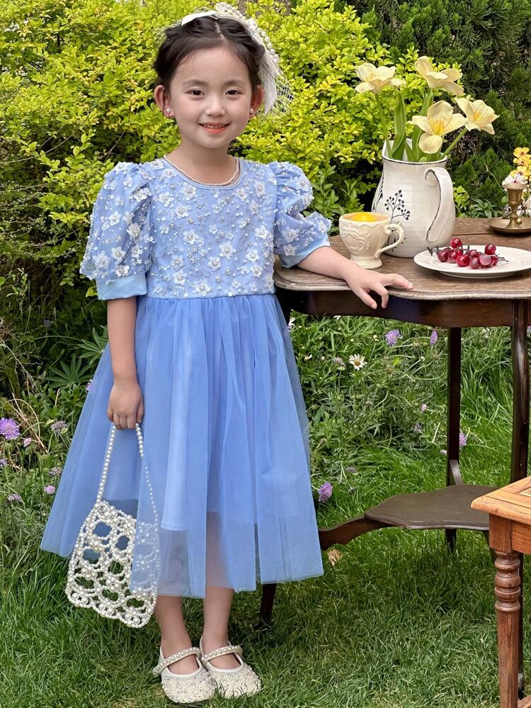 Young Girls' Beaded Round Neck Puff Sleeve Mesh Party Short Sleeve Dress, Summer