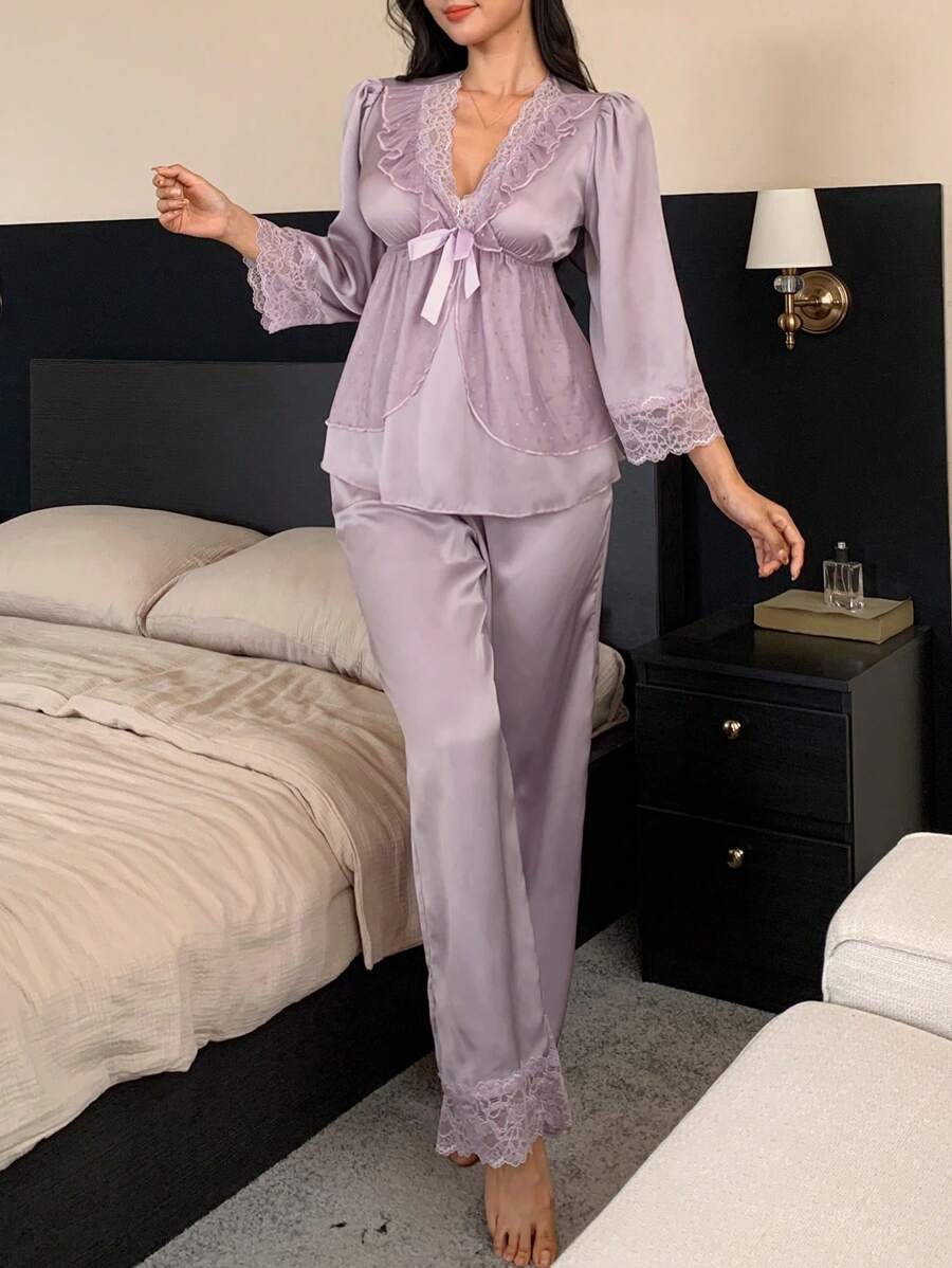 DAZY Romantic Lace Ruffle V-Neck Puff Sleeve Drawstring Women Sleepwear Set Pajama - Purple - View 1