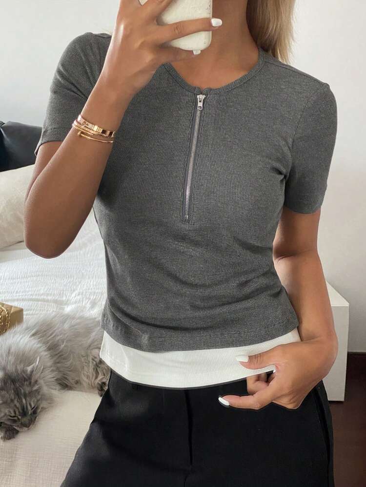 Women Material Patchwork Zipper Crew Neck Short Sleeve Slim Fit Casual Summer Top T-Shirt