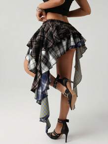 SHEIN ICON 不对称下摆拼布格子 A 字裙 - 黑與白 - 查看 2