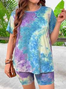 Calvaya 2pcs/Set Plus Size Short Sleeve Round Neck T-Shirt And Shorts Set, Fashionable For Summer - Purple - View 4