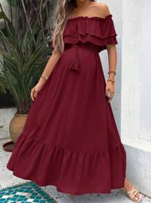 SHEIN 孕妇装荷叶边露肩优雅纯色度假连衣裙