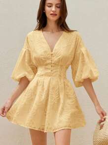 BELROSIE Women's Yellow Summer Elegant Holiday Tea Party Vintage 3D Embroidery Floral V-Neck Puff Sleeve Cinched Waist Front Button A-Line Ruffle Hem Short Dress - Yellow - View 5