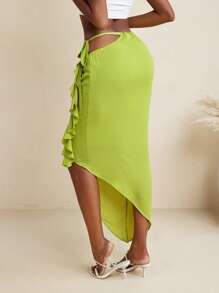 LUNA B 绿色绉纱镂空腰带不对称中长裙，适合夏季海滩度假女性 - 綠色 - 查看 2