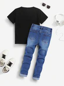 SHEIN Tween Boys' 2pcs/Set Black T-Shirt And Ripped Frayed Washed Skinny Blue Denim Jeans Set,For Spring And Summer Tween Boy Outfits
