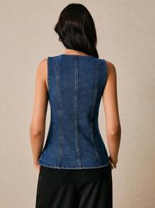 Poéselle Áo denim nữ đính nút kim loại, thời trang mùa hè cho nữ, áo denim kiểu miền Tây, áo denim xanh Y2k phong cách đồng quê, phong cách Old Money, phong cách công sở thường ngày - Rửa tối - Xem 2