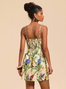 Travachic Vacation Casual Tropical Print Tie-Up Wrap Cami Mini Dress,Summer,Summer Outfits For Women,Beachwear,Easter,Beach Outfits For Woman,Vacation Outfits Women,Concert Outfit Women,BOHO,Music Festival,Tropical Vacation Woman Clothes,Romantic,Summer Dresses For Women,Bohemian Clothes - Green - View 2