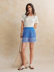 Écloséra Pantalones cortos de mujer con cintura elástica y bordado azul para vacaciones de verano