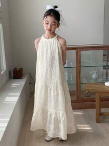 DAZY Tween Girl Burn-Out Embroidered Ruffle Hem Halter Sleeveless Dress, Summer - White - View 4